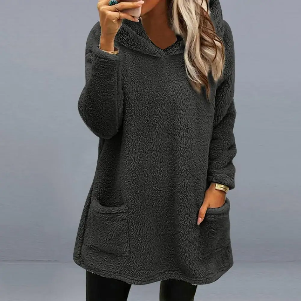

Women Poly Fabric Hoodie Cozy Mid-length Women's Hoodie with Double-sided Plush Warm Loose Fit Pockets Fall Winter for Ladies