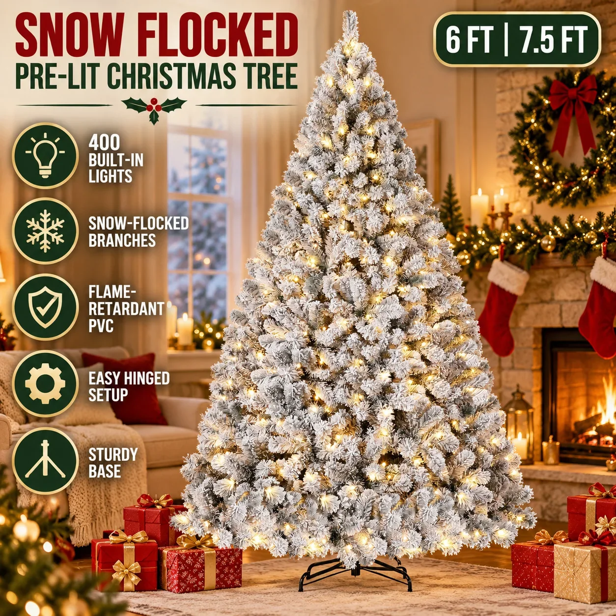 Cedar shaped pre installed lighting artificial Christmas tree, stable base, indoor Christmas decoration, holiday gifts