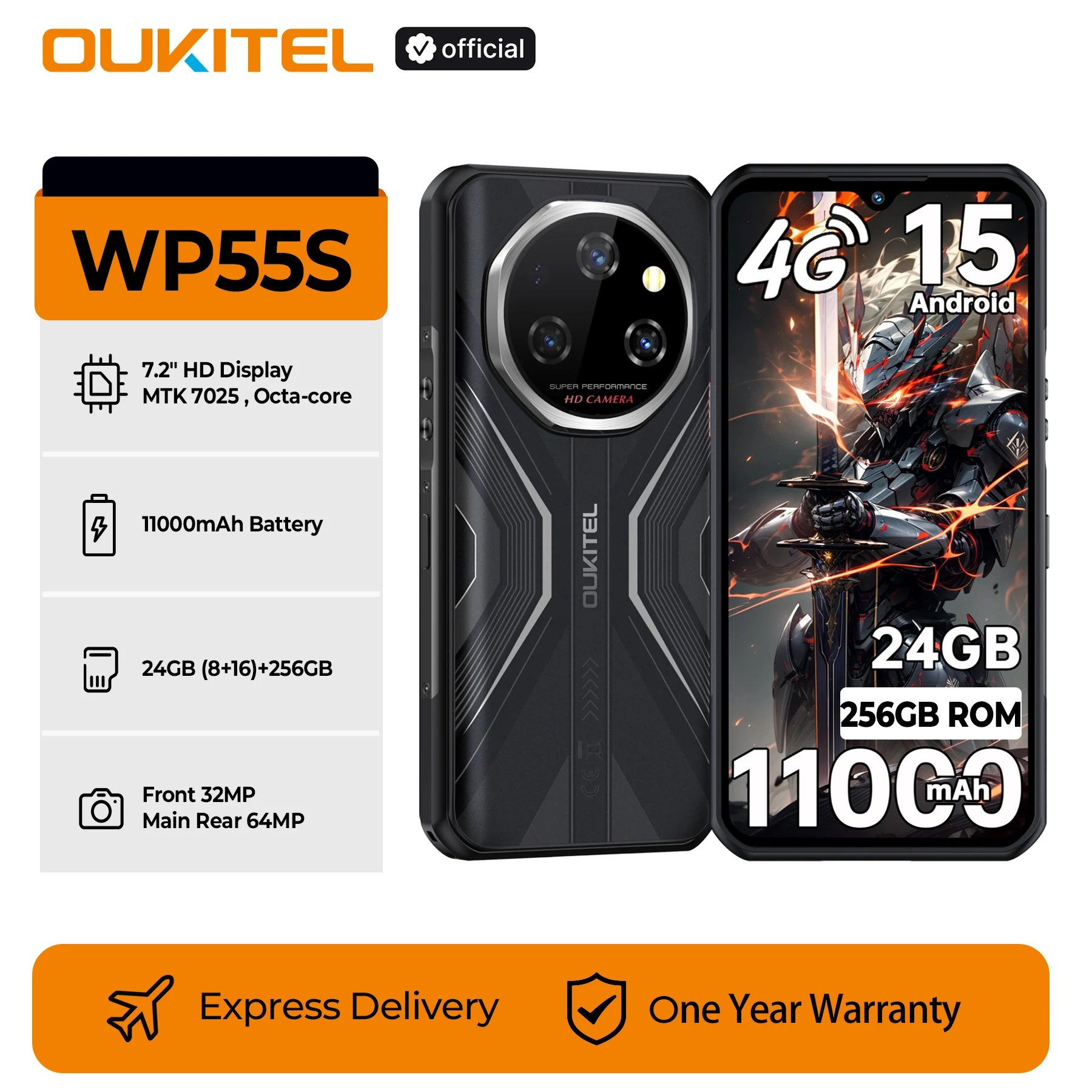 Oukitel WP55S 4G Rugged Smartphone 11000mAh Android 15, 6.6'' FHD+ 120Hz Cellphone 24GB(8+16)+256GB, 64MP Camera NFC Fingerprint