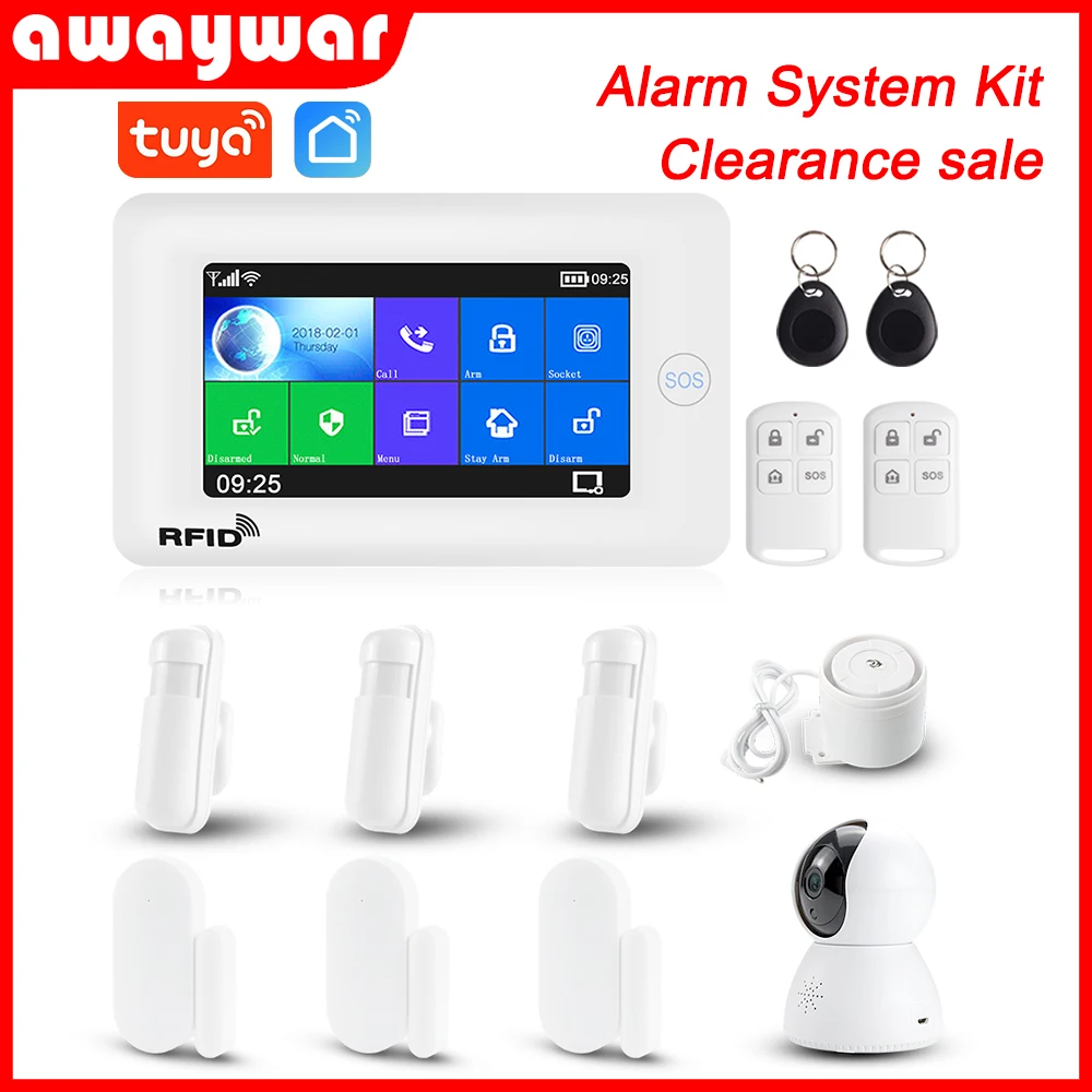 Awaywar WIFI GSM home Security Burglar smart Alarm System kit Tuya 4.3 inch touch screen APP Remote Control RFID Arm Disarm