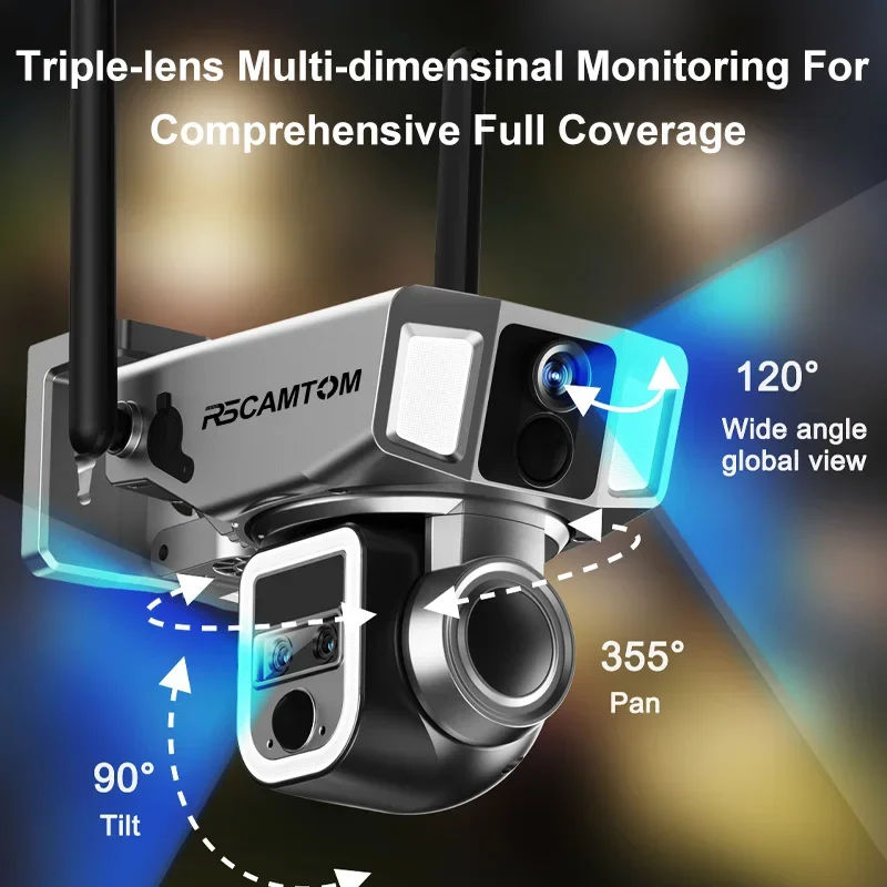 Rscamtom 12MP Solar Beveiligingscamera Draadloos Buiten 10X Zoom Alarm Push Wifi 4G 2 in 1 CCTV Camera