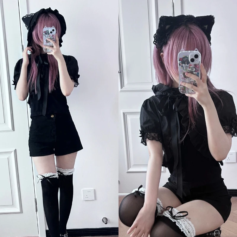 ثقافة فرعية القوطية سترة قصيرة جاكيتات صيف جديد اليابانية الفتيات الحلو Kawaii لوليتا مقنعين معاطف قصيرة Y2k القمم للنساء