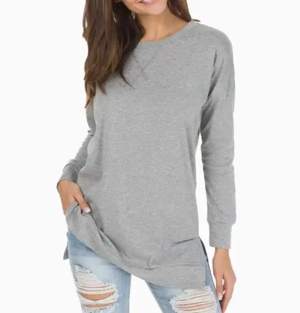 

Spring and Autumn New Loose Round Neck Slit Long Sleeved T-Shirt Solid Color Fashion Versatile Mid Length Top