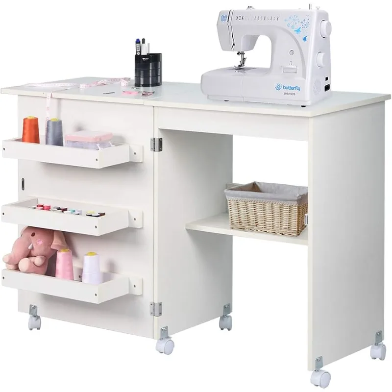 Sewing Table,Folding Sewing Craft Cart&Sewing Cabinet Miscellaneous Sewing Kit Art Desk with Storage Shelves and Lockable Caster