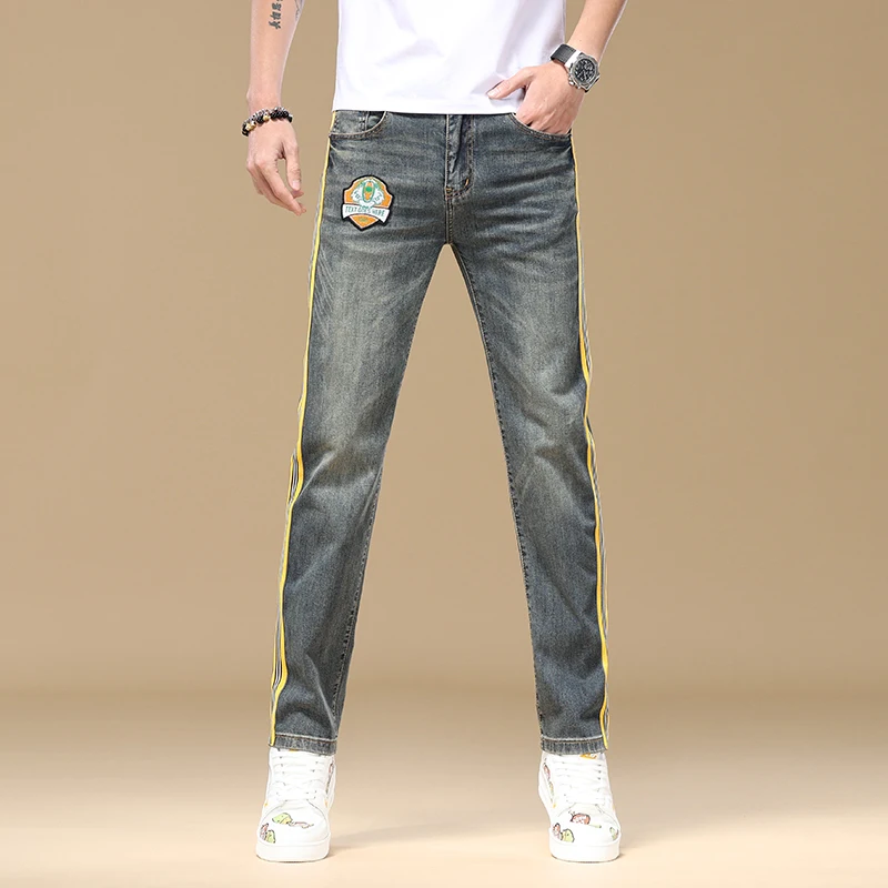 Jeans bordado listrado lateral masculino, jeans de perna reta, calça casual high-end, moda luxuosa, leve, novo, 2024