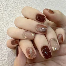 24pcs Autumn Winter Amber Brown Gold Foil Removable False Nails with Glue Square Cheap Design Decorated Press on Nails for Girls