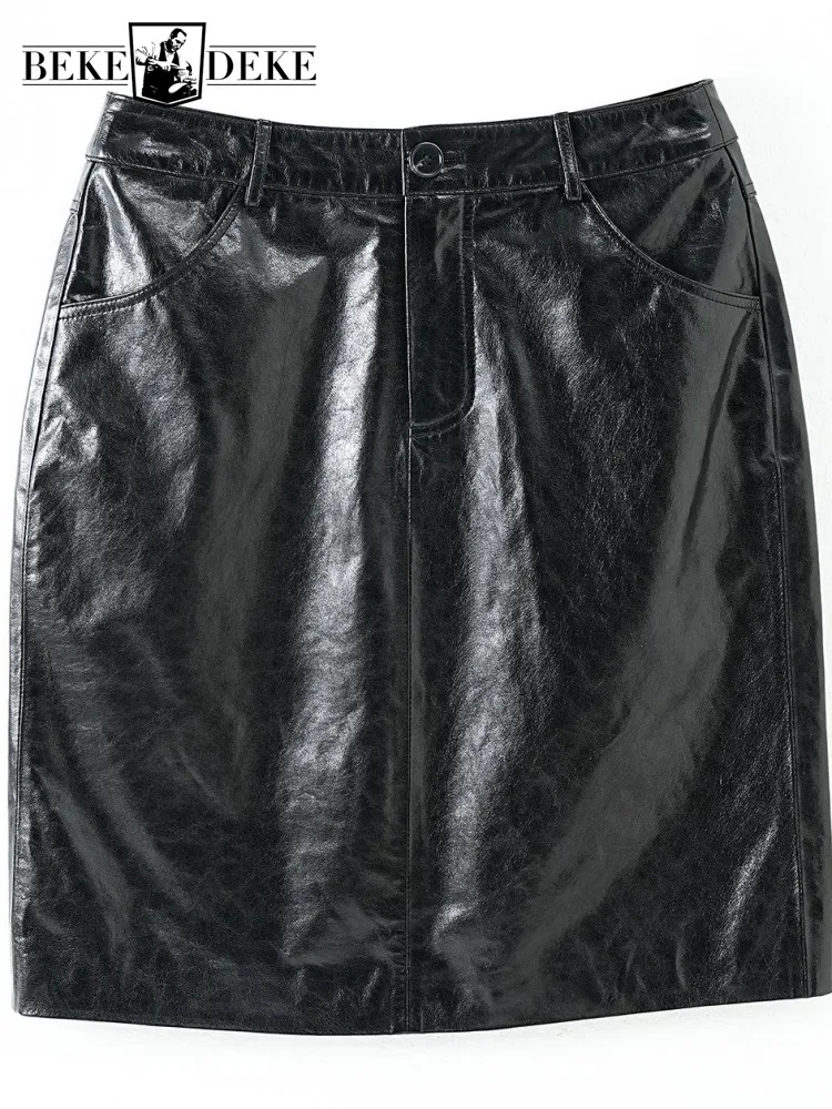 Concise Ladies Top Quality Genuine Leather Fashion Button Straight Skirt Solid Color Sheepskin High Waist Pockets Skirts