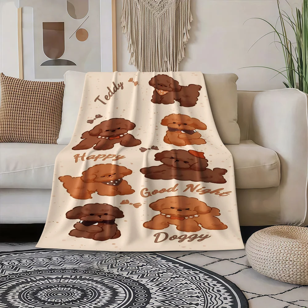 1pc Teddy Bear Dog Plush Blanket - Soft Beige & Brown Cozy Flannel Bedspread with Cute Puppies, Pomeranian/Shih Tzu-like Pattern