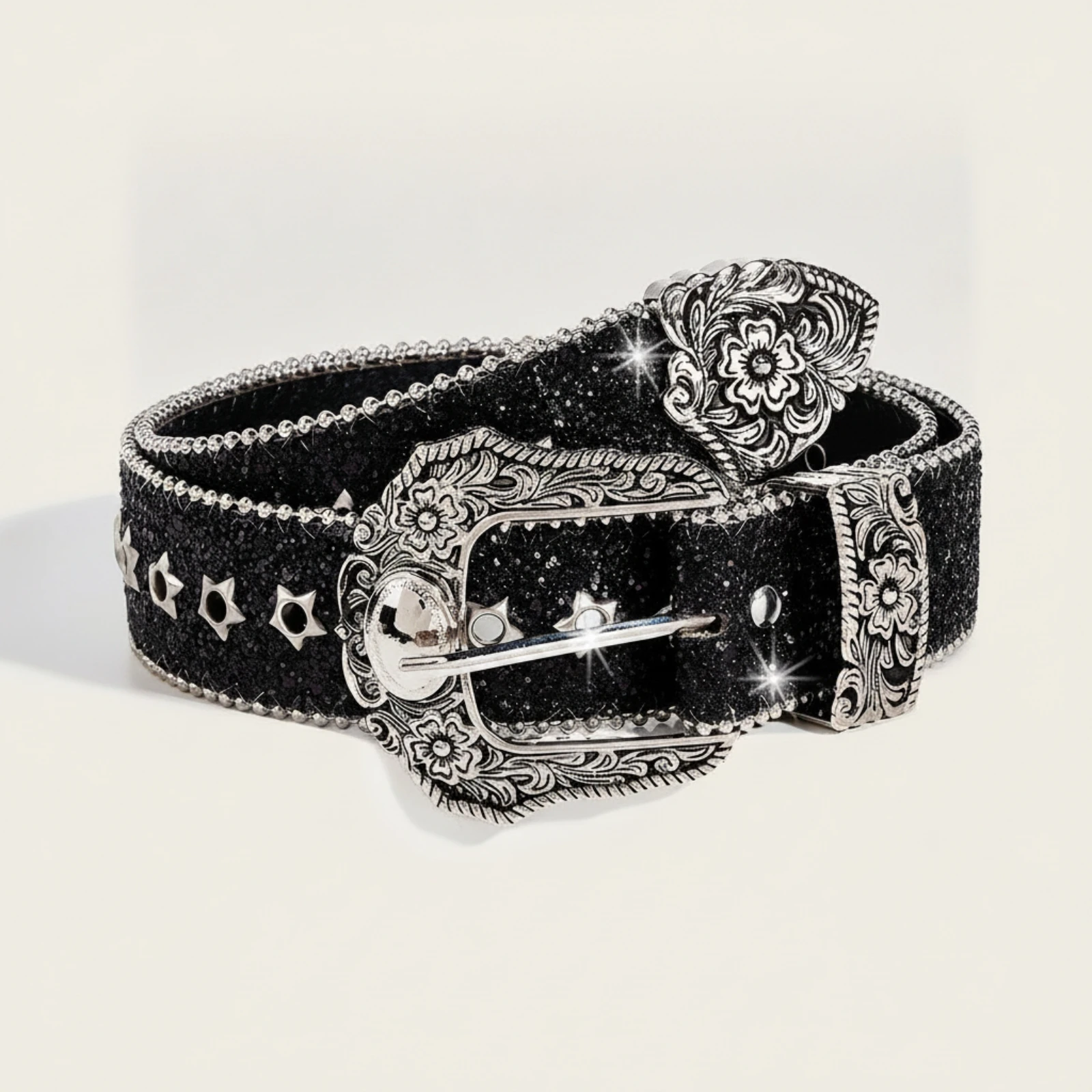 Belt with Star Eyelets Ornate Western Belt Glittery Decorative for Women, Dresses, Suits