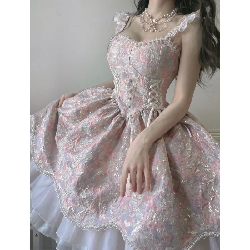 Victorian Vintage คอสเพลย์ Lolita Sweet Elegant Lace Ruffles Pearl Slim Bandage ชุดเจ้าหญิงหญิงน่ารักชุดมินิปาร์ตี้