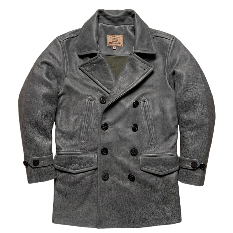 

Серая длинная зимняя кожаная куртка мужская в винтажном стиле размера плюс 5XL из натуральной воловьей кожи двубортное пальто с отложным воротником 740