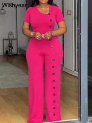 Znaiml Women Elegant Long Jumpsuits for Party Summer Short Sleeve Buttons Solid Color Wide Leg Pants Rompers One Pieces Overalls