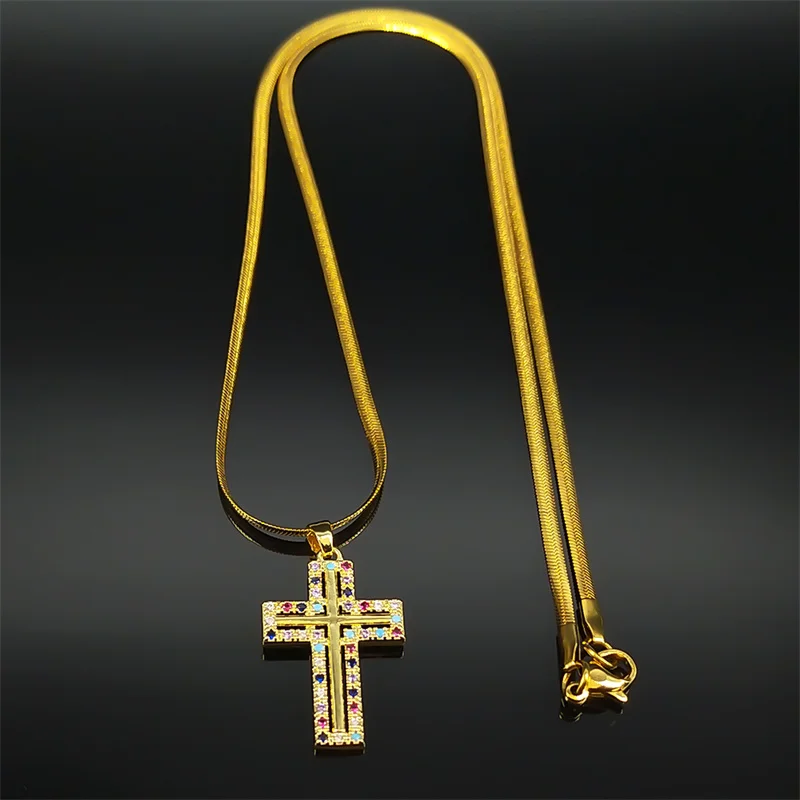 Colorful Jesus Cross Pendant Necklace for Women Stainless Steel Gold Plated Copper Zircon Religious Amulet Jewelry Party Gift