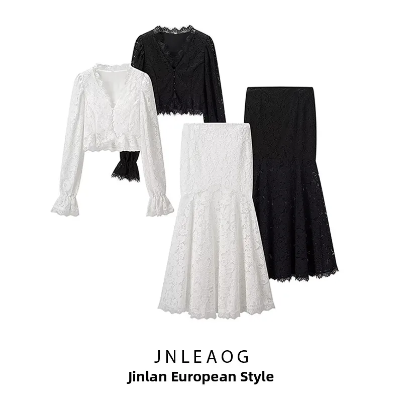 

Fashionable Lace Hollow out Splicing Spring New Arrival Women's Set with Half Skirt Long Sleeve Top And Skirt Two Piece Set