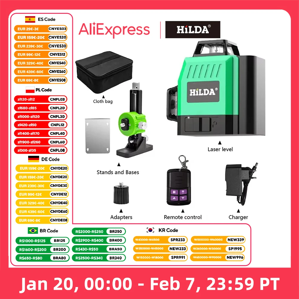 HILDA Laser Level Mini 12 Lines 3D Self-Leveling 360 Horizontal And Vertical Cross Super Powerful Green Portable Laser Beam Line