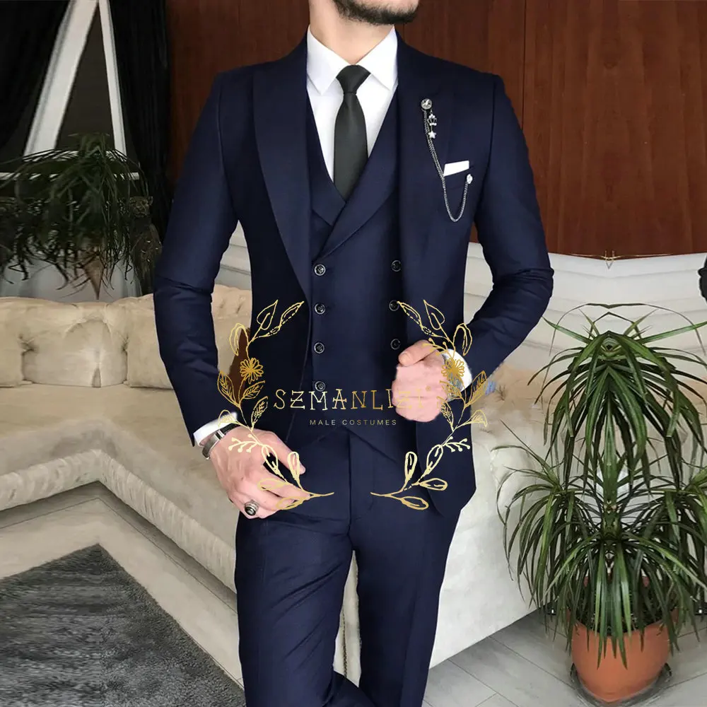 New Arrival Male Suits Slim Fit 3 Pieces Peak Lapel Dark Green Classic Men Wedding Suits Groom (Blazer+Vest+Pants) Costume Homme