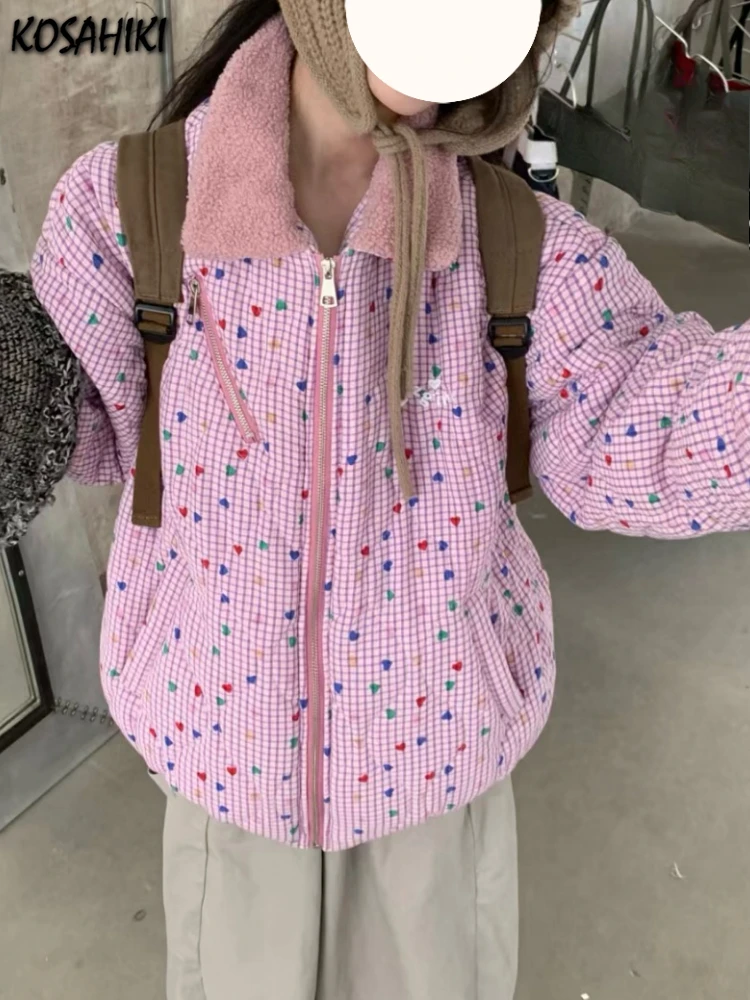 Sweet Cute Winter Pink Print Warm Women Parkas Harajuku Zippers Loose Casual Grunge Jacket Patchowrk Pocket Y2k Aesthetic Coat