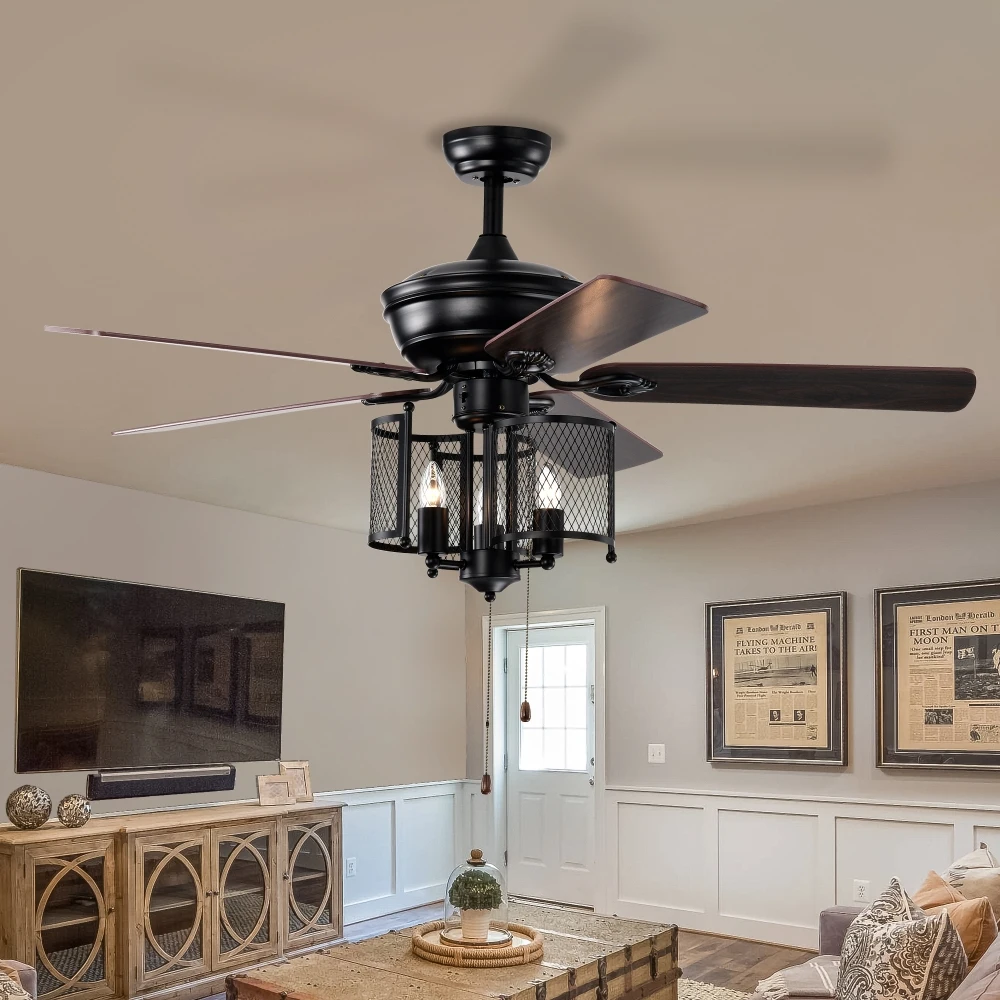 Upgrade Space with Style 52'' Farmhouse Ceiling Fan with 5 Reversible Blades and Industrial Fan Light for Bedrooms and Outdoor