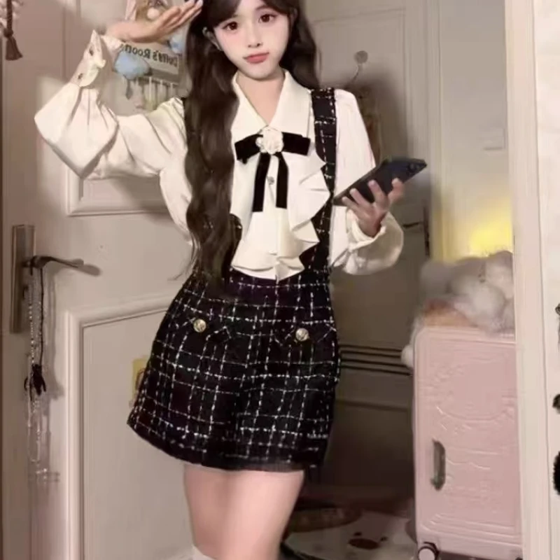 Y2k Aesthetic Lolita Style 2 Piece Set Women Sweets Bow White Shirt Plaid Overalls Short Pants Japan Fashion Gothic Shorts Suit