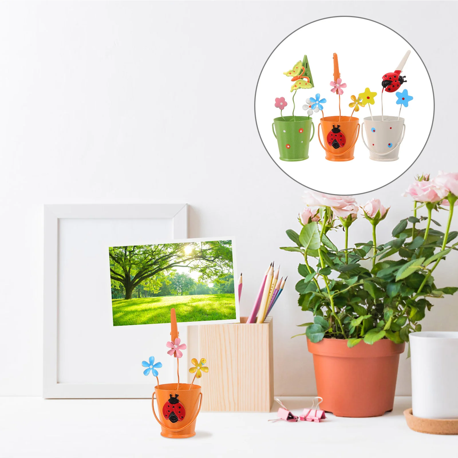 

3 Pcs Metal Card Holder Note Folder Iron Desktop Decor Bucket Shape Office ganizer Stable Flat Bottom Quality