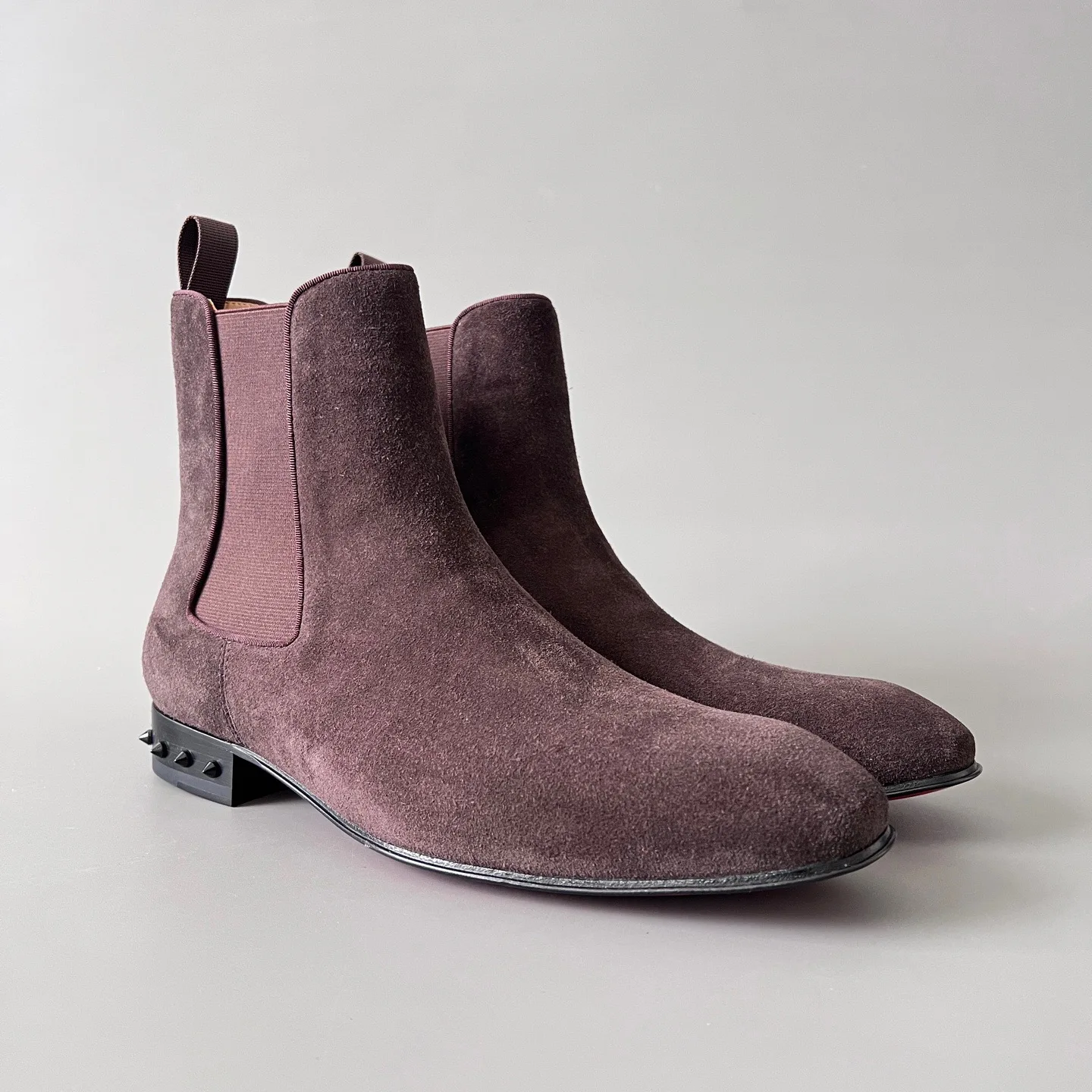 Luxury Cowhide Men Suede Chelsea Ankle Boots Male Leather Pink Mauve Mid Top Studded Heel Red Bottom Formal Dress Shoes