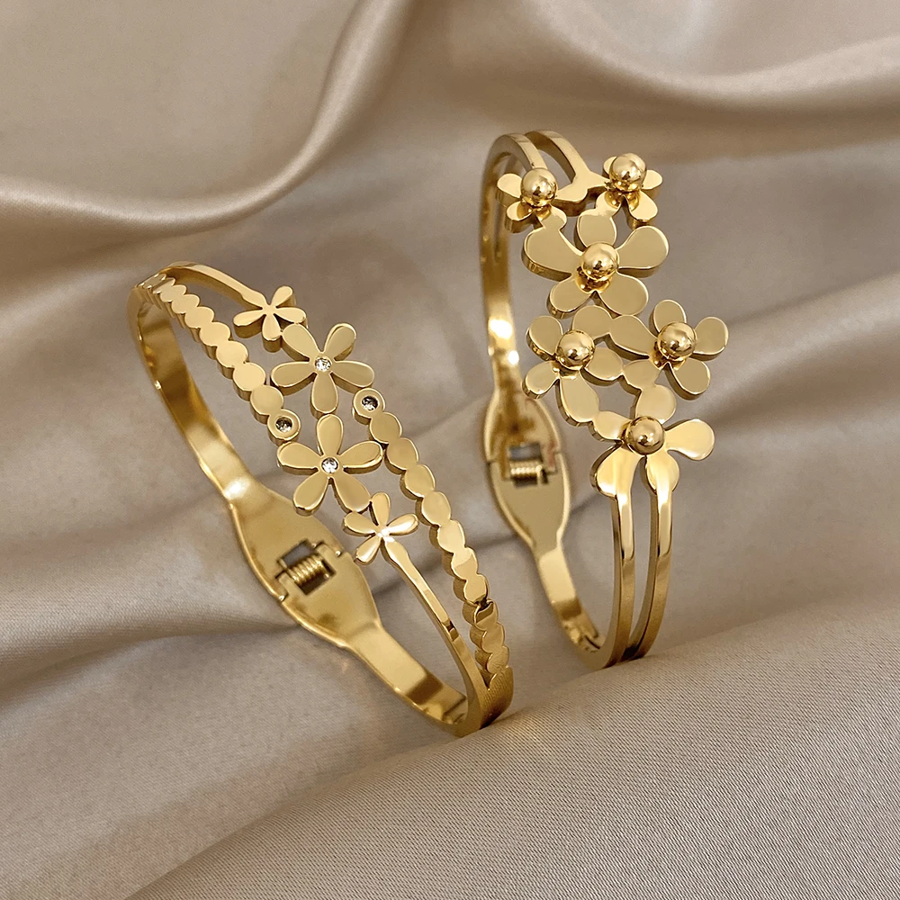 18K Gold Plated Flower Opening Cuff Bracelet Bangles For Women Men New Chic Stainless Steel Stacked Party Jewelry Gifts