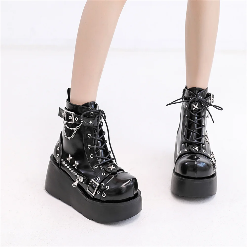 Brand New Ladies Goth Platform Ankle Boots Fashion Buckle Zip Rivet Punk Wedges High Heels Womens Boots Party Street Woman Shoes view 2
