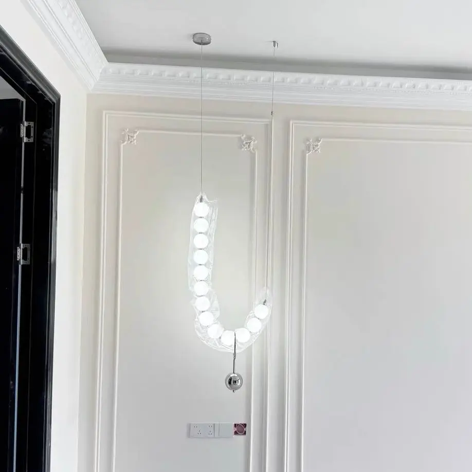 

retro bedside pendant light, creamy style bedroom hanging line light, pearl necklace, living room background wall lightin