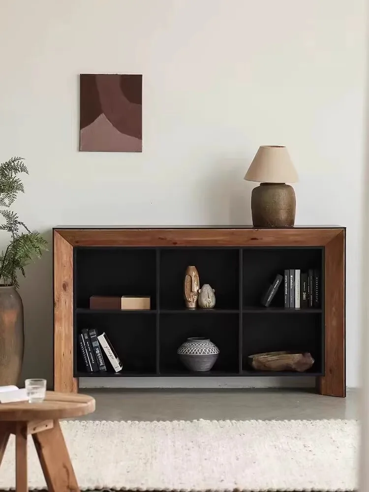 Medieval black solid wood dining side cabinet retro and old visual six-grid shelf living room decoration entrance fireplace cabi