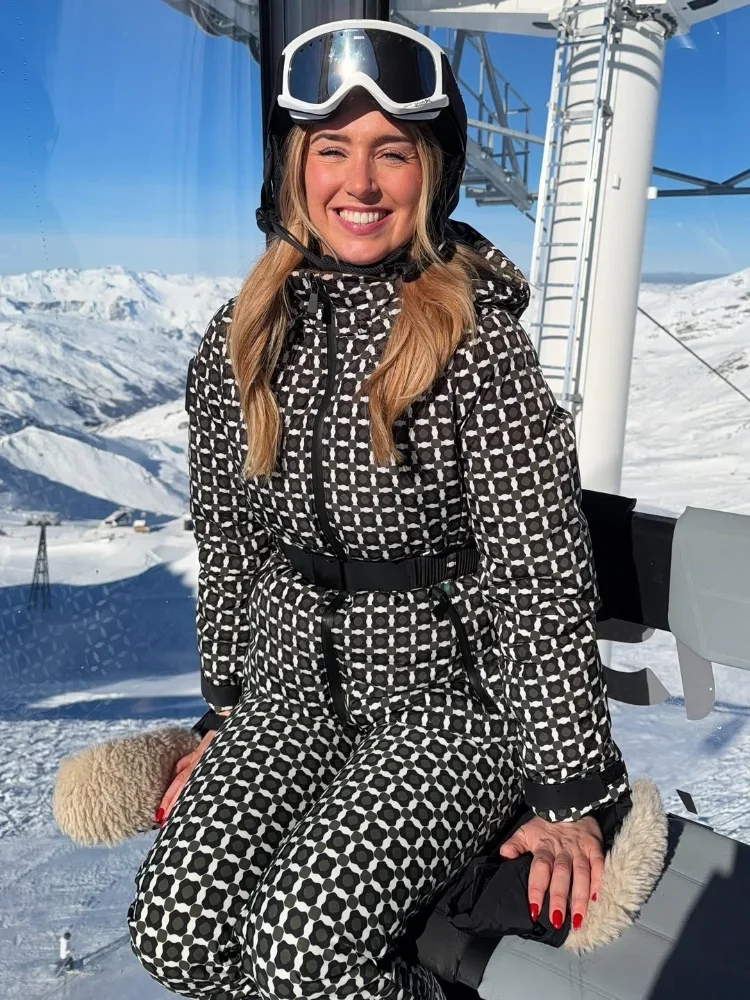 Ladies Hooded Padded Ski Parka Coat Belted High Waist Windproof Winter Snow Daily 2026 New Chic Hot Cozy Thick Warm Skiwear