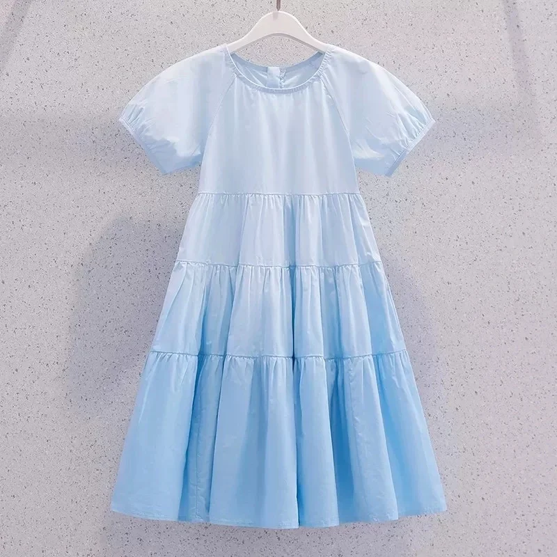Vestido Infantil Azul Claro com Babados em Camadas, Manga Curta Bufante, Gola Redonda, Algodão, Casual, para Meninas, Verão, Praia, Férias 2026