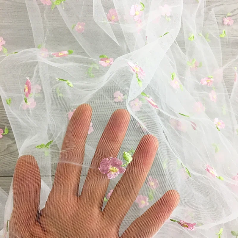 160x45cm Small Pink Flower Embroidered Mesh Fabric For Girls Princess Dress Tulle Handmade DIY Clothing Decoration Fabric TJ9656