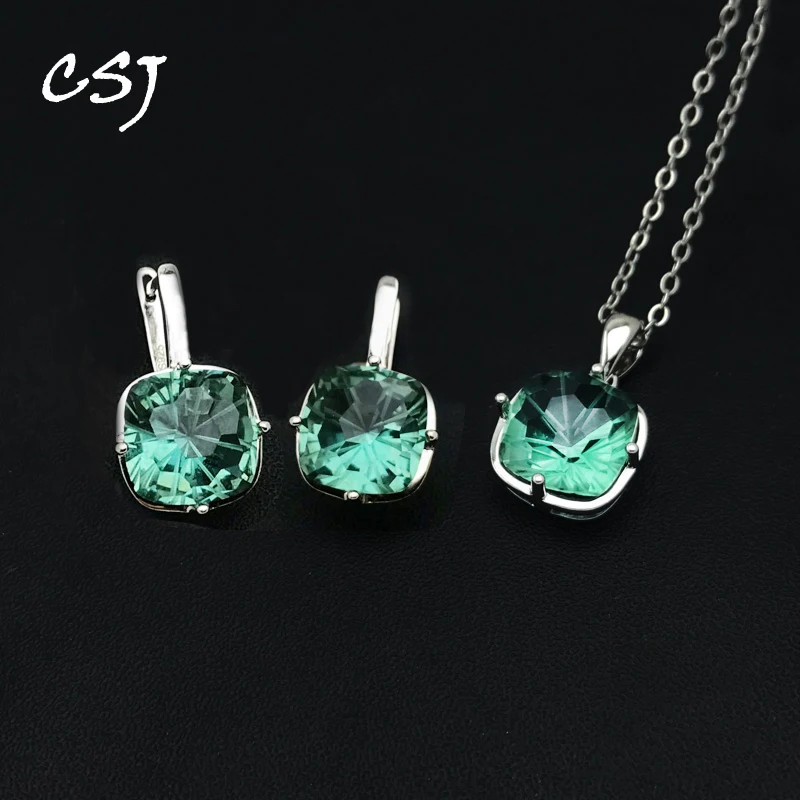 

CSJ Green Gemstone Jewelry Sets Sterling 925 Silver Amethyst Fireworks Cut 10mm for Women Christmas Party Handmade Jewelry Gift