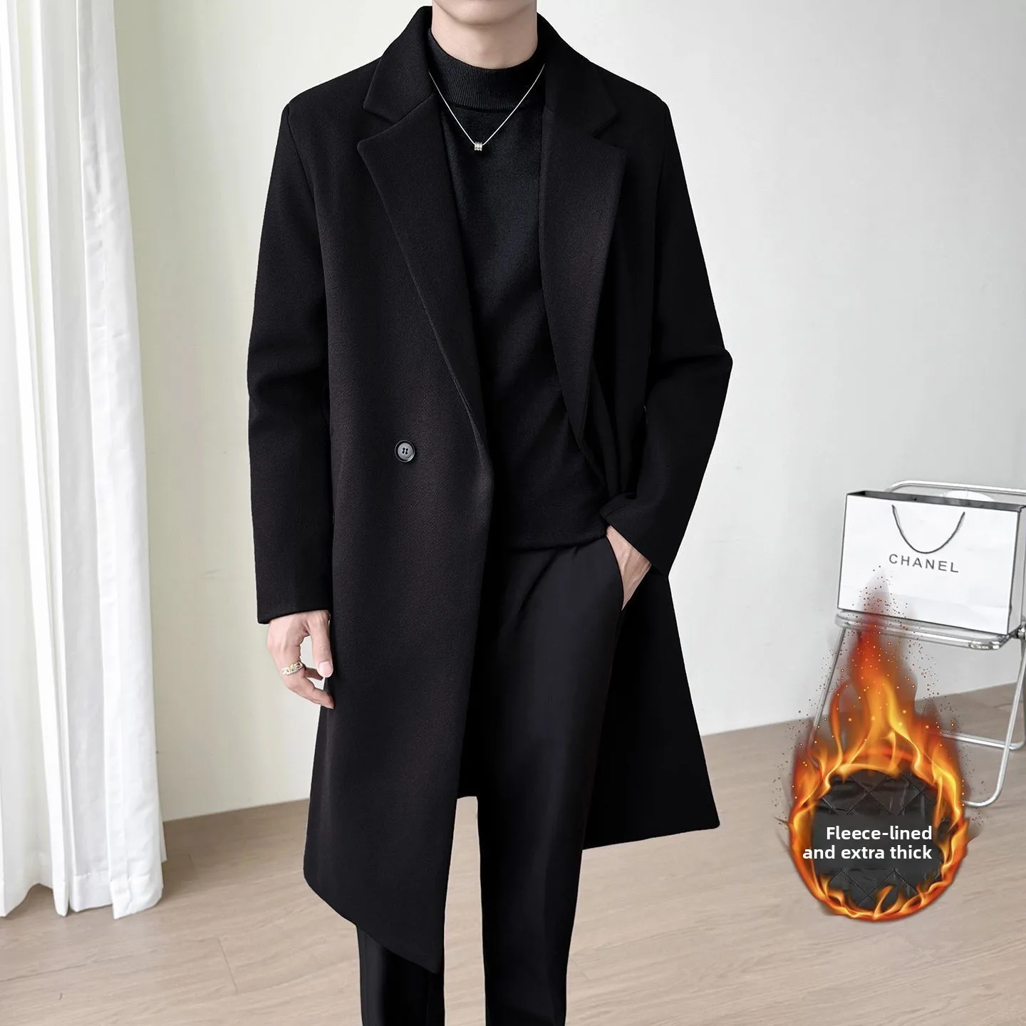 

Men's Woolen Coat Long Sle Faionable Luxury Lightweight Top Middle-Length Windbreaker Korean System Spring Autumn Wear