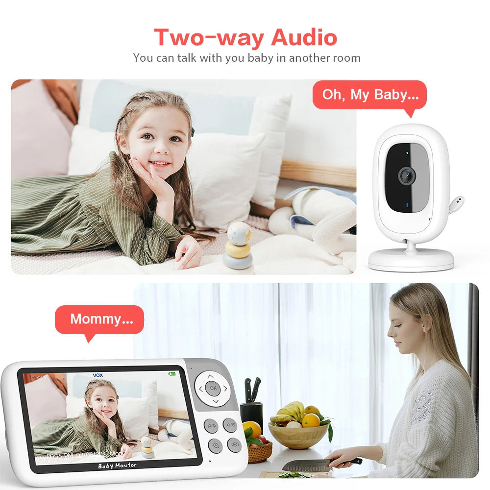 Videocamera per baby monitor da 5,0 pollici 720P Zoom digitale 3X Audio bidirezionale Visione notturna automatica Telecamera di sicurezza con trasmissione 300M VB618