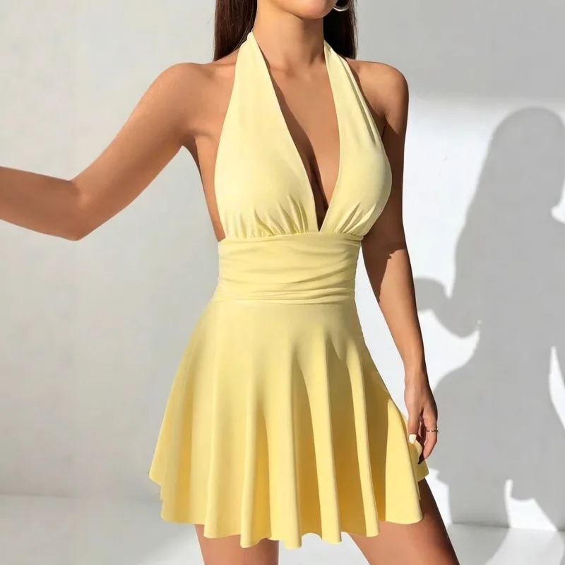 KIDCRKJ 2026 Neckholder Kurze Kleider für Damen Einfarbig Rückenfreie Damenkleider Sommer Party Minikleid Damen Strand Damenkleid – Detail 4