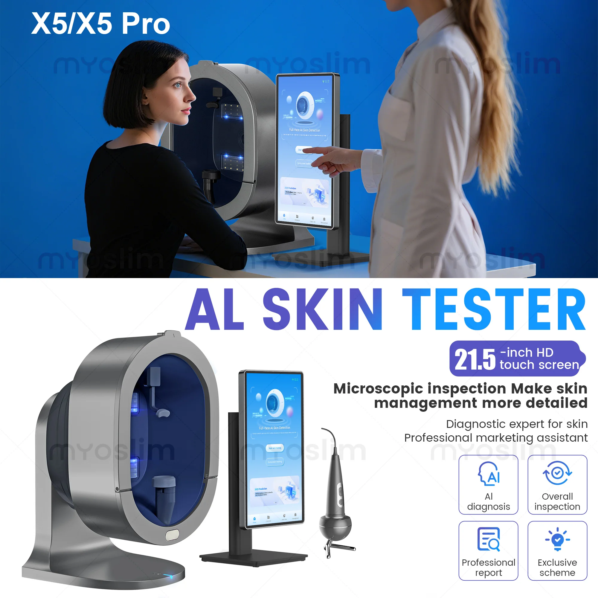 Analizador AI de problemas de piel Facial X5 3D, escáner Facial, prueba de 36 millones, cámara HD, 8 analizador de piel espectral
