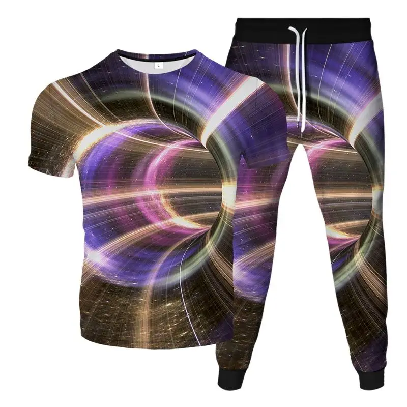 Vertigo Hypnosis Time Tunnel Pattern Print Mens Fashion Tracksuit Summer T-Shirt Jogging Pants 2Pcs Set Clothing Oversized S-6XL