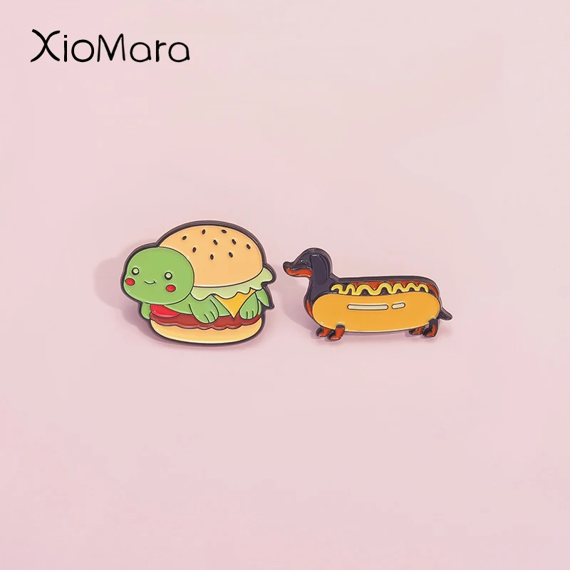 Delicious Hot Dog Sausages Enamel Pin Cute Burger Turtle Cheese Dachshund Badger Brooch Lapel Badges Jewelry Gift For Kid Friend