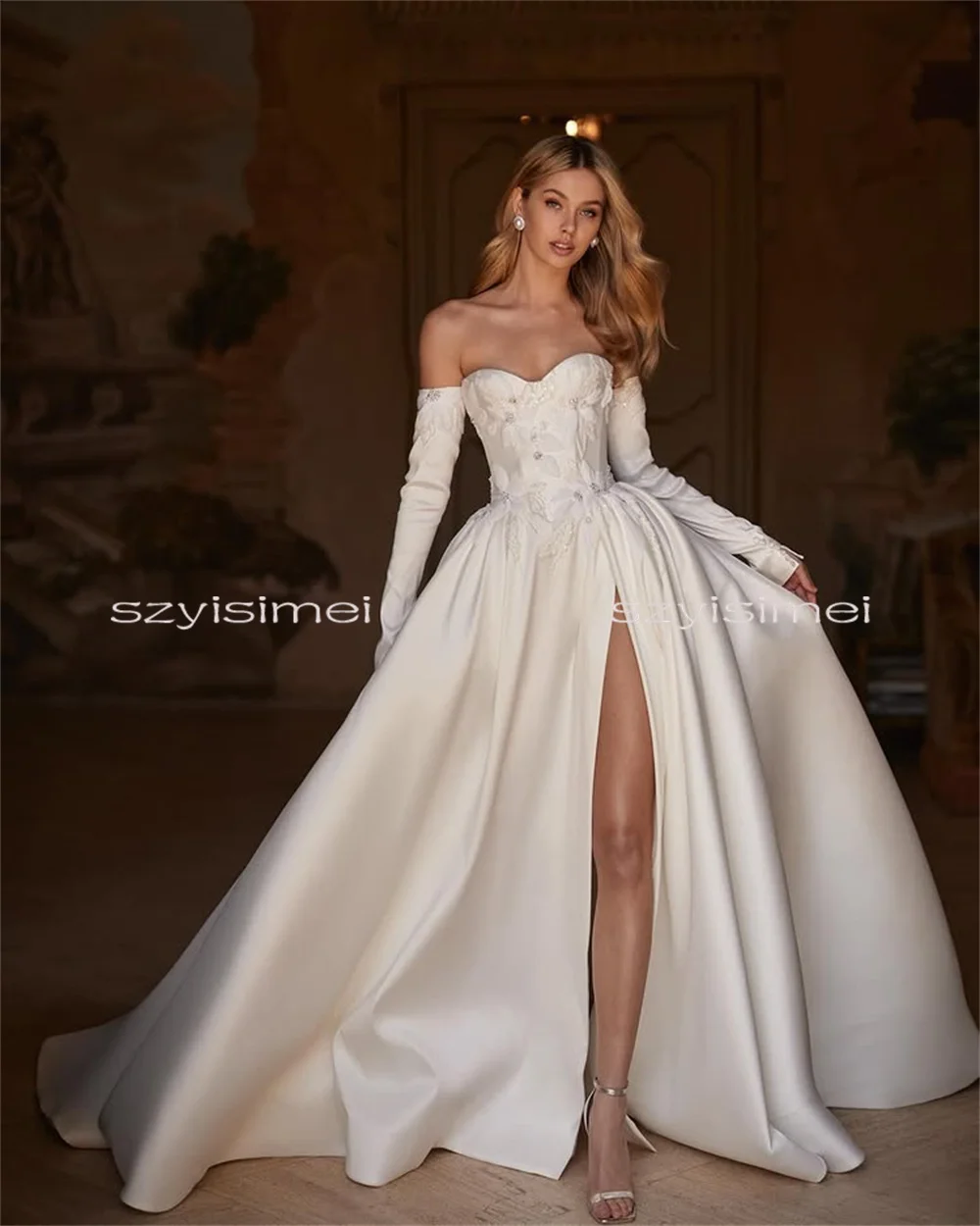 

Newest Sweetheart Lace Appliques Wedding Dress A Line Satin Bridal Gown Evening Dress For Wedding Customized