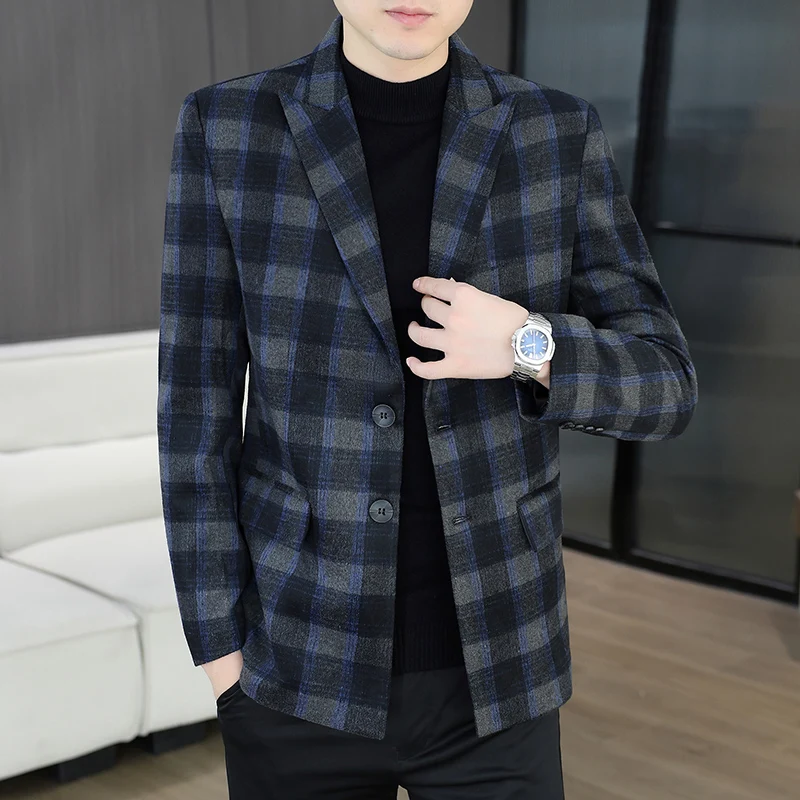 

Men's Autumn Winter Plaid Busin Casual Suit Jaet Single Piece Faionable Formal Trendy Long Sve Stand Fit Coat