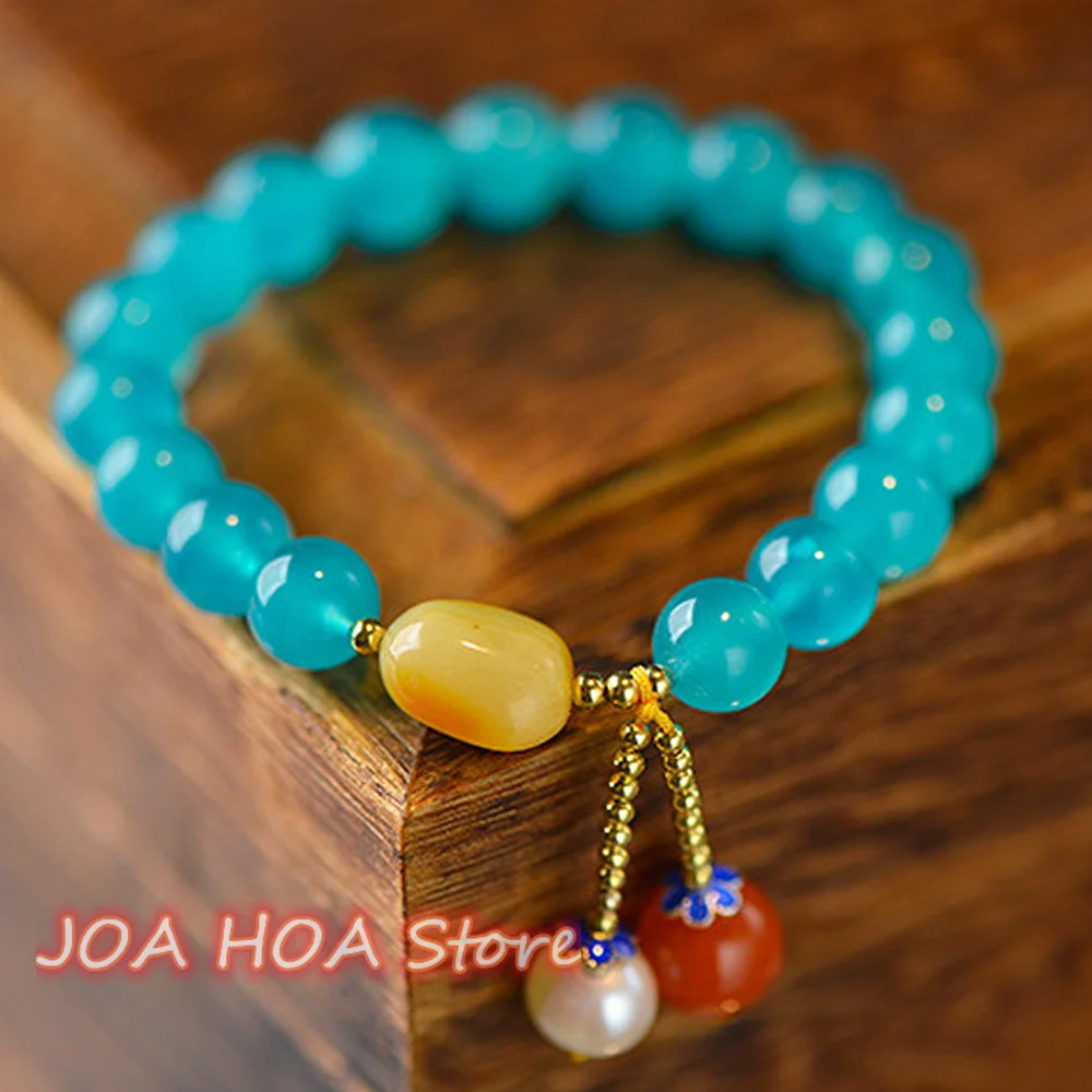 

Natural Handring Blue Tianhe Stone Chalcedony Single Circle Bracelet With Southern Red Agate Beeswax Female Bangle Fine Jewelry