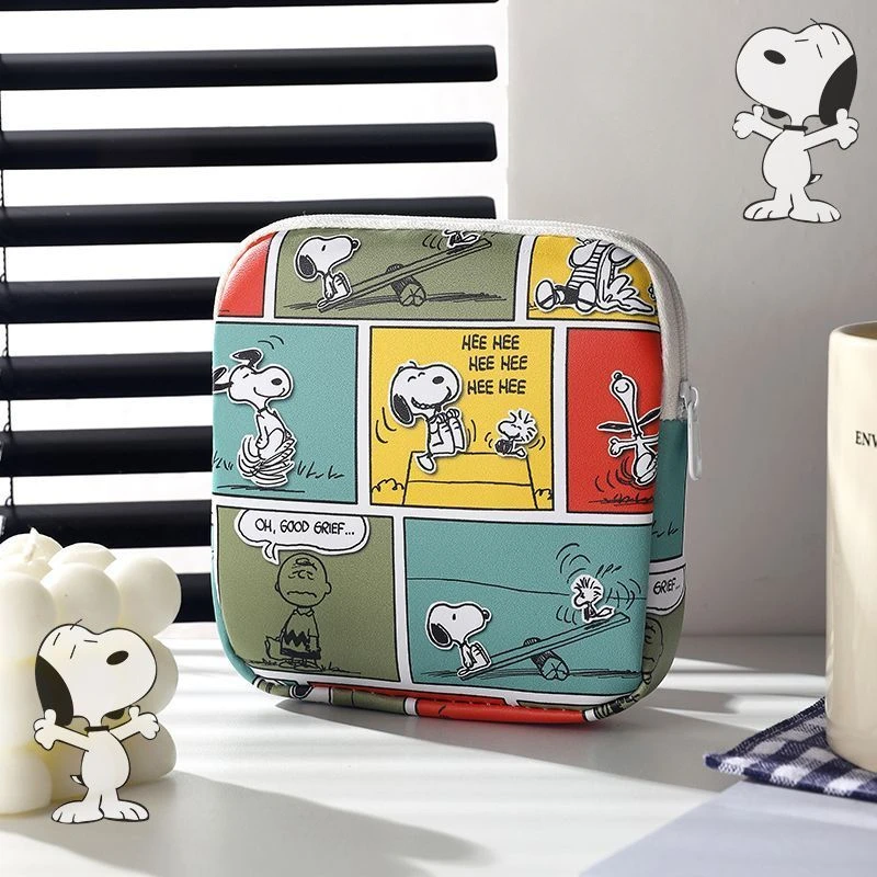 Cartoon Snoopies Sanitary Napkin Bag Large Capacity Convenient Compact Cosmetic Bag Pu Coin Purse Credit Card Holder Pouch