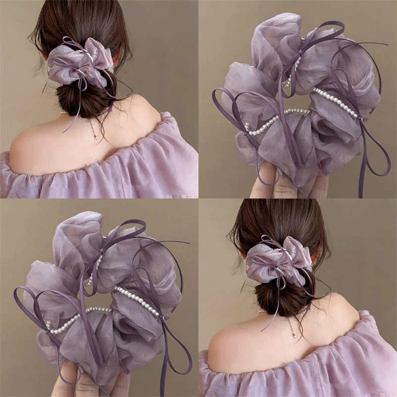 

Summer Large Purple Silk Yarn Large Intestine Ring Bow Ribbon Hair Band Mesh Pearl Hair Rope Hair Accessories for Women