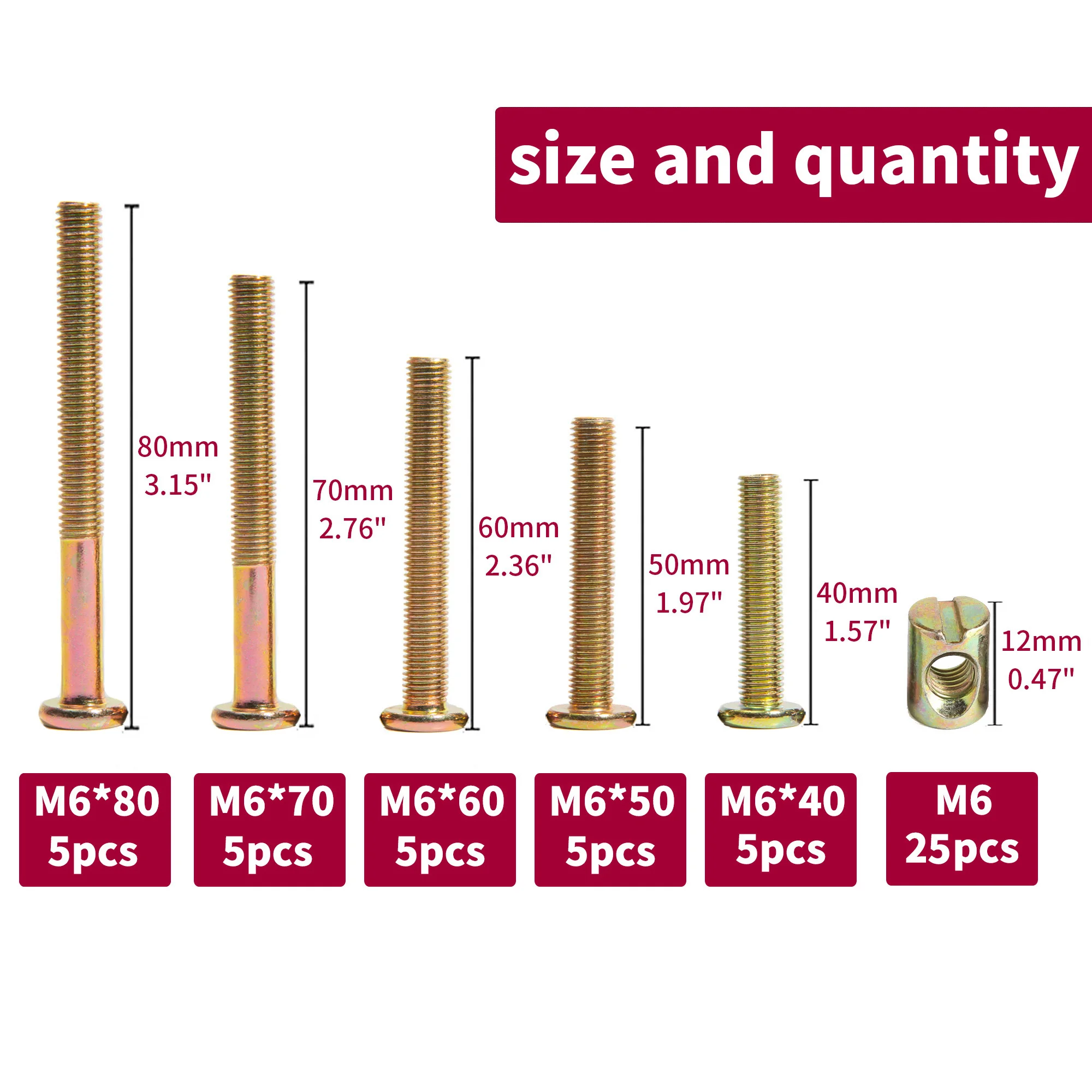 Baby Bed Crib Screws Hardware Replacement Kit, 25-Set M6x40mm/ 50mm/ 60mm/ 70mm/ 80mm Hex Drive Socket Cap Screws Barrel N