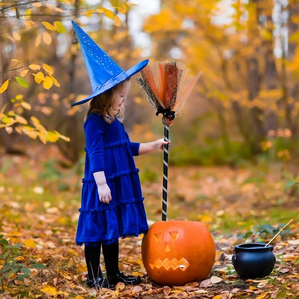 

Witch Hat Broom Set Orange Mesh Plastic Lightweight Halloween Cosplay Props Kids Adults Party Stage Performance