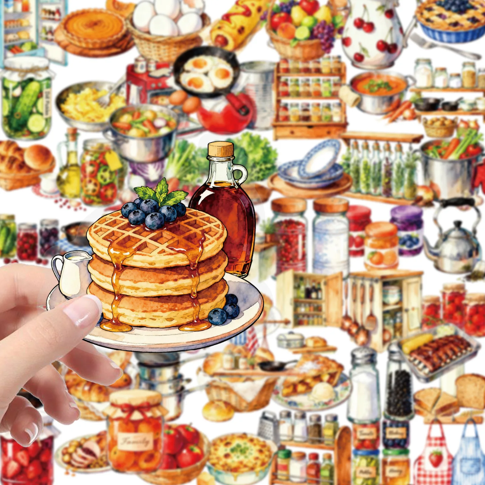56PCS Watercolor Kitchen Food Stickers Clear Transparent Waterproof Decals DIY Decor for Water Cup Stationery Box Scrapbook