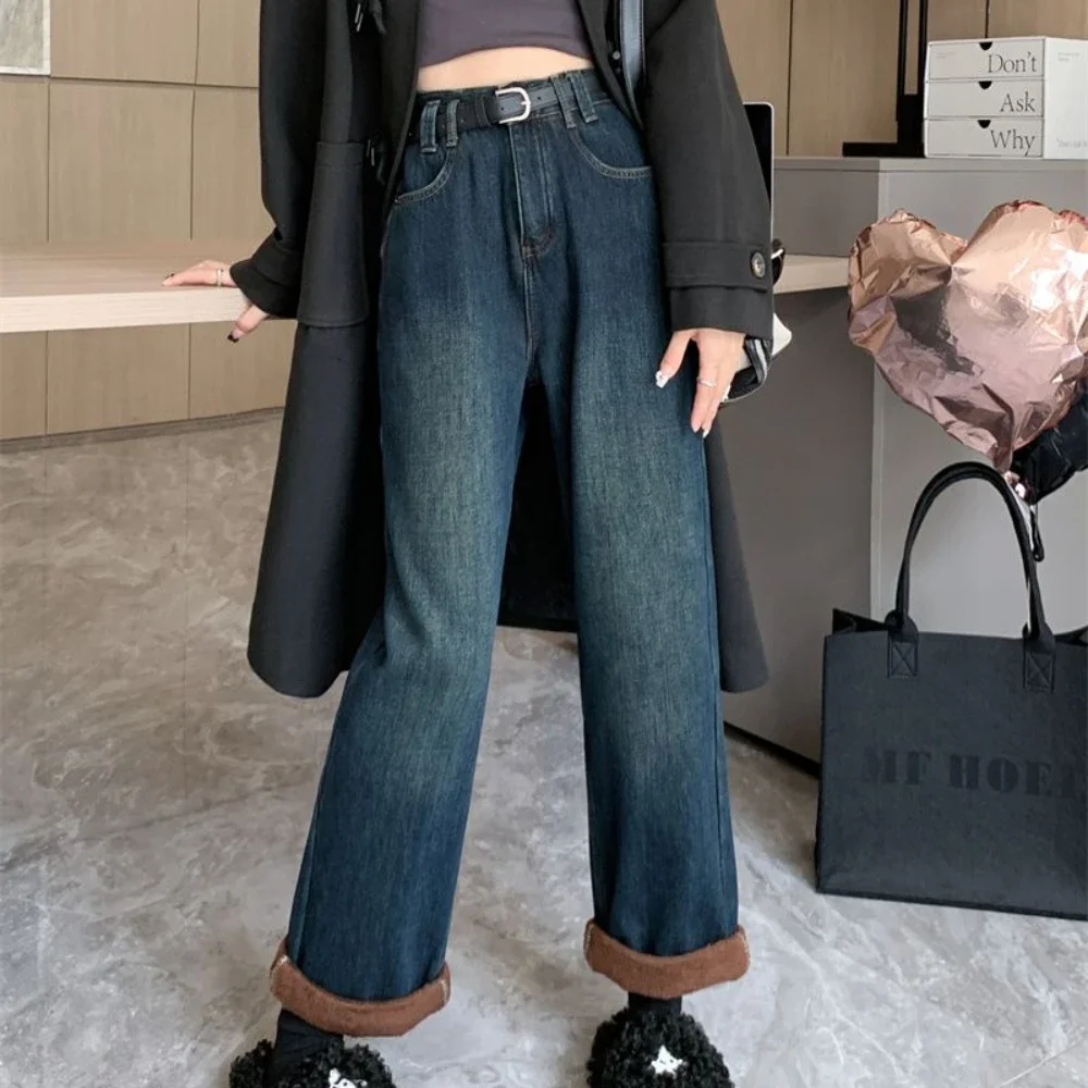 Female Denim Pants Straight Leg Trousers Fleece-lined High Waist Shot Blue Women's Jeans Winter Thermal Warm Vibrant Aesthetic R