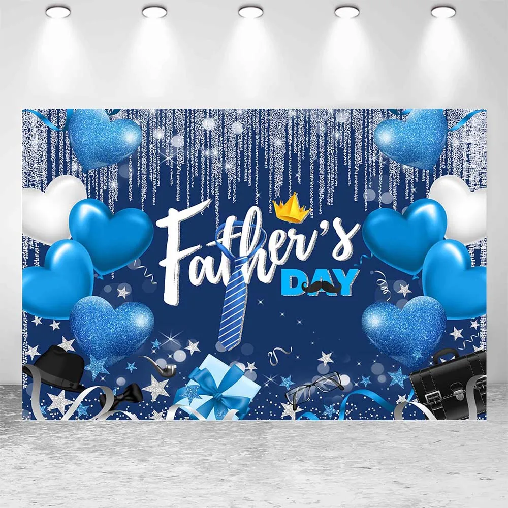 Mocsicka cenário de dia dos pais, melhor pai, nós te amo, decoração de festa, coração azul, balão, glitter prateado, borla, fundos de fotografia