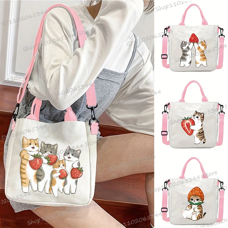 

Pink White Cartoon Crossbody Bags Funny Anime Cats Canvas Tote Bags Long Shoulder Strap Travel Storage Messenger Bag Women